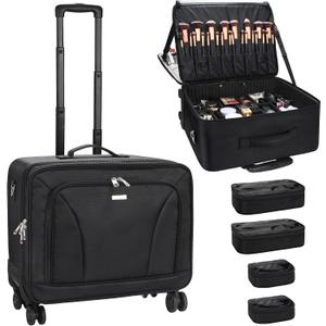 Relavel Extra Large Makeup Case Rolling Travel Train Case with 360° Spinner Wheels, 3 Layer with Insulation Compartment & Four Clear Storage Bags, Professional Makeup Artist Bag Set, Black