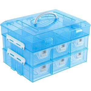 MyGift 11 Inch Sky Blue Transparent Arts and Crafts Sewing Supplies Storage Organizer Case with White Accents, 24 Customizable Compartments, 6 Drawers Removable Dividers