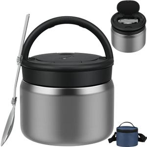 2025 Soup Thermo for Hot Food Kids with Insulated Bag, 15oz Vacuum Insulated Food Jar Wide Mouth Leakproof Lunch Container with a Stainless Steel Spoon for School Office, Silver