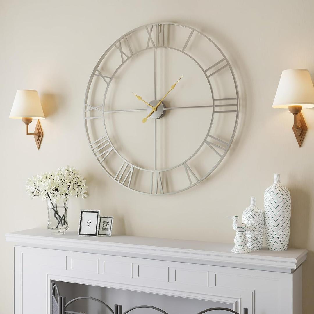 Cuspin Extra Large Wall Clock 36 Inch Silver Wall Clocks for Living Room, Modern Decorative Metal Wall Clock Battery-Operated Completely Silent Non Ticking Roman Numeral Analog Round Clock