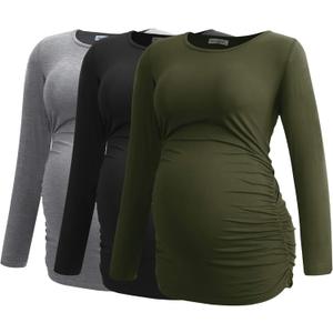 Smallshow Women's Maternity Shirts Long Sleeve Pregnancy Clothes Tops 3-Pack (Large, Black/Light Grey/Army Green)