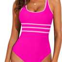 Aleumdr 2024 Trendy One Piece Athletic Bathing Suit Stripe Color Tummy Control Swimsuit Cheeky High Cut Bathing Suits Hot Pink Large