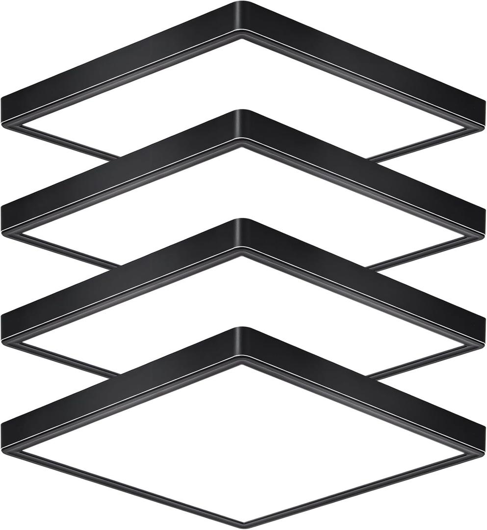12 Inch 24W Flush Mount Square LED Ceiling Light, 3000K/4000K/6000K Adjustable Flush Mount Light Fixture, 2800LM Bright Flat Ceiling Light Fixtures for Bedroom, Kitchen, Hallway (Black-4 Pack)