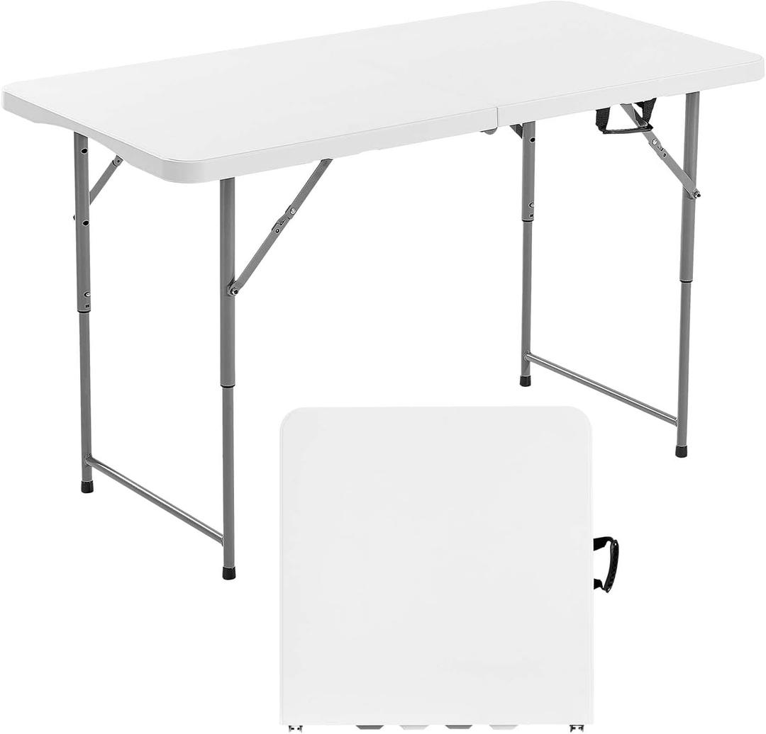VEVOR Folding Table, Heavy Duty Portable Fold-in-Half Utility Table, Indoor Outdoor Plastic Rectangle Table with Built in Handle, for Party, Dining, Wedding, Events, Picnic, Camping, 4 ft, White