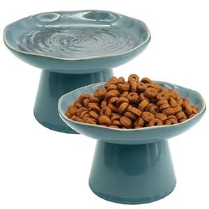VCEPJH Elevated Cat Bowls 6.1in Shallow Cat Food Plate Pack of 2 Ceramic Raised Cats Dish Flat Anti Whisker Fatigue Wide Pet Food & Water Feeder for Indoor Kitty Kitten (Blue)