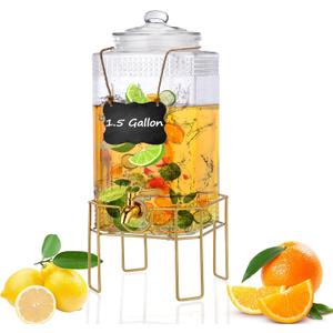Drink Dispensers for Parties,1.5 Gallon Drink Dispenser,Beverage Dispenser with Stand,Glass Lid and Stainless Steel Spigot Leak-proof, Ideal for Lemonade,Juice, Tea, and Party Drinks