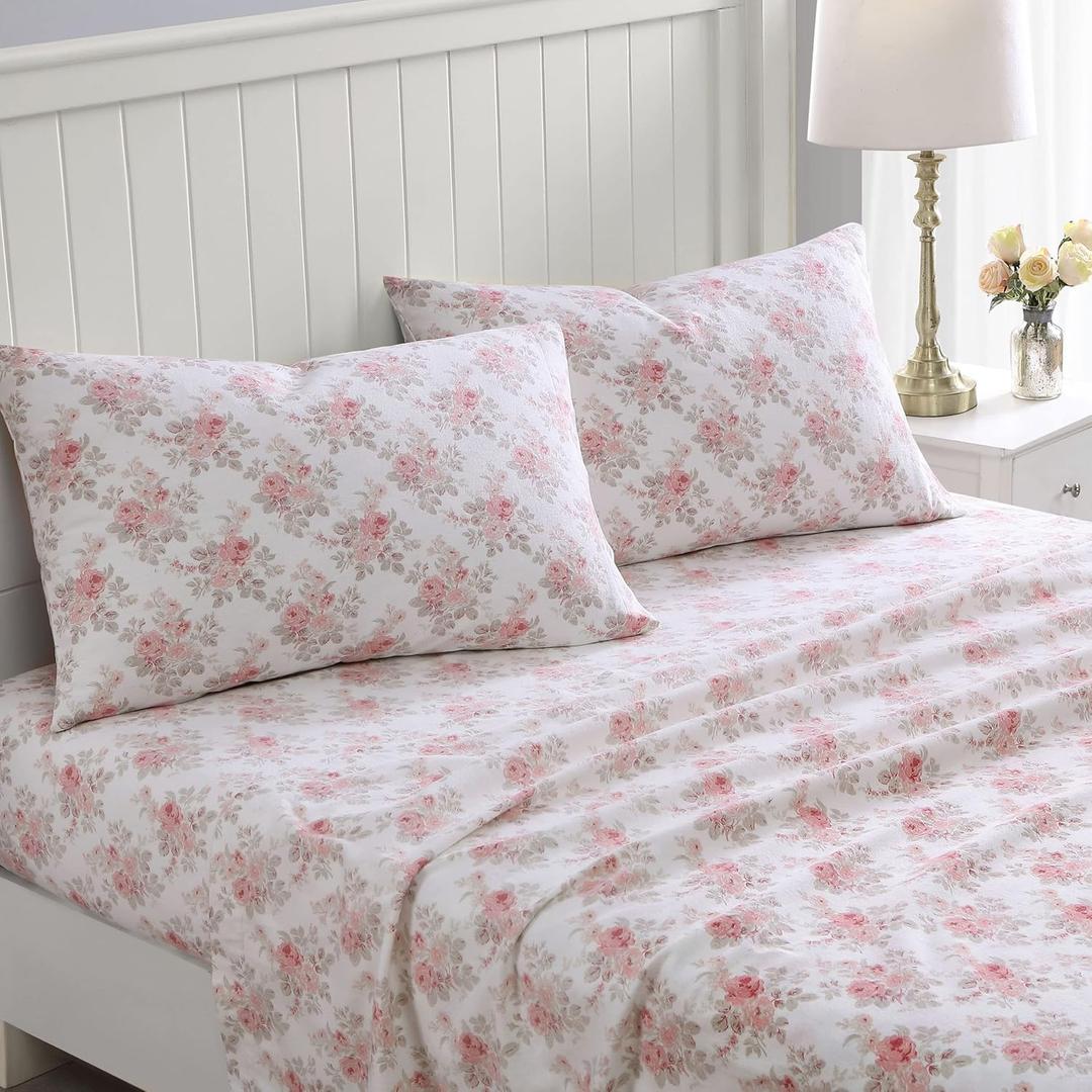Laura Ashley - Flannel Sheets Full Size, Anti-Pilling & Wrinkle Resistant Cotton, Touchably Soft for All-Season Comfort - Bed Sheets with Matching Pillowcases & Fitted Sheet (Lisalee Pink)