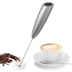 SIMPLETASTE Milk Frother Handheld Electric Foam Maker, Drink Mixer with Stainless Steel Whisk for Cappuccino, Bulletproof Coffee, Latte, Gray, with Stand, Battery Operated