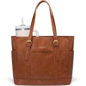 LOVEVOOK Laptop Tote Bag for Women,Vintage Leather Work Tote Bag for Women, 15.6 Inch Computer Briefcase Bag,Waterproof Teacher Business Office (Retro Brown)