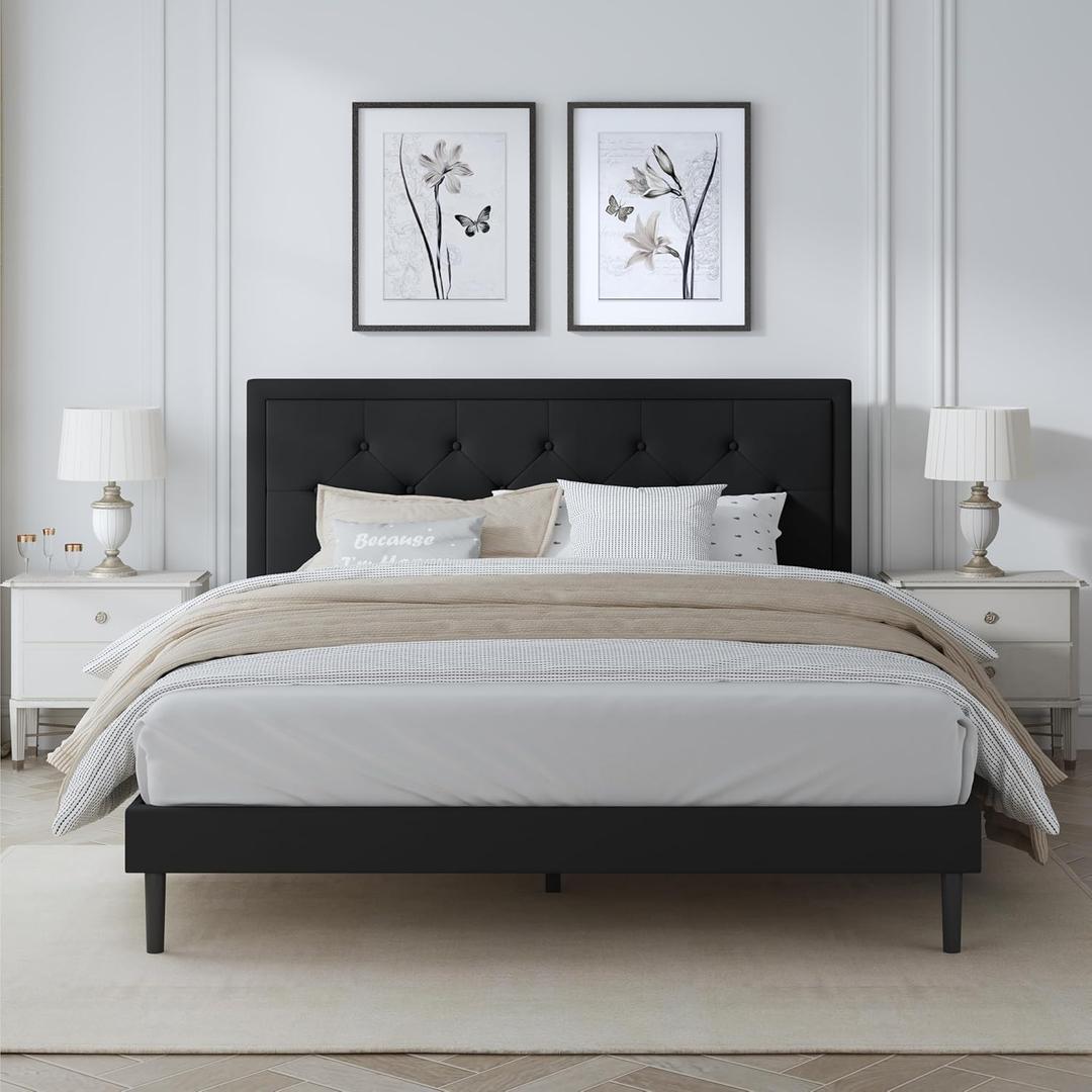 Queen Size Bed Frame with Upholstered Velvet Headboard, Platform Bedframe Mattress Foundation No Box Spring Needed, Button Tufting Design, Strong Wooden Slat, Black