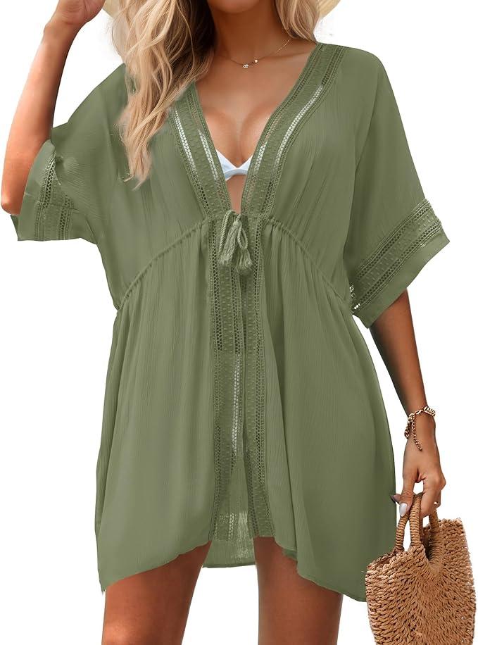 Women Swimsuit Cover Up 3/4 Bell Sleeve Boho Bathing Suit Coverups Hollow Out Kimonos Cardigans for Swimwear, Medium