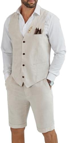 Tiefony Men's Linen 2 Piece Suit Slim Fit Wedding Groom Groomsmen Summer Vest Shorts Set, Large. Champagne