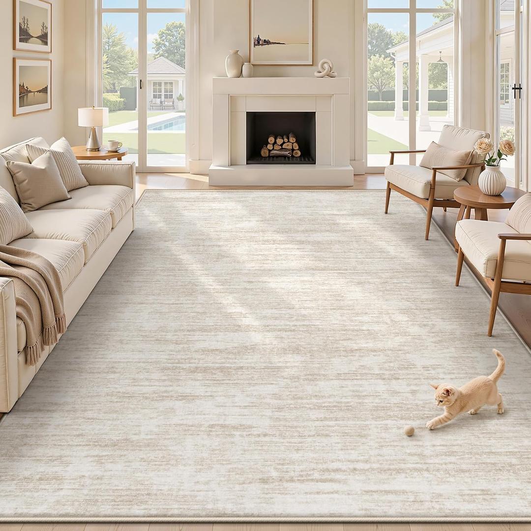 9x12 Area Rugs Living Room Rug: Washable Modern Abstract Rugs Neutral Non Slip Rug Soft Low Pile Indoor Bedroom Carpet for Nursery Office Dining Room Kids Room (Beige, 9'x12')