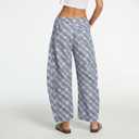 Women's Printed Barrel Jeans Wide Leg Baggy Denim Pants Mid Rise Boyfriend Plaid Pants Y2k Distressed Trousers Deepblue (US 26)