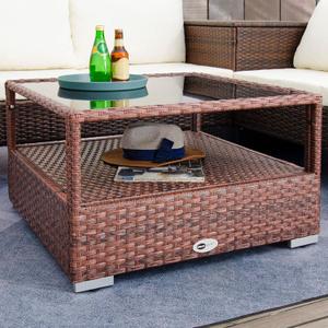 DIMAR GARDEN Outdoor Coffee Table Wicker Patio Rattan Side Table with Glass Top and Storage Shelf,29.5in Mixed Brown