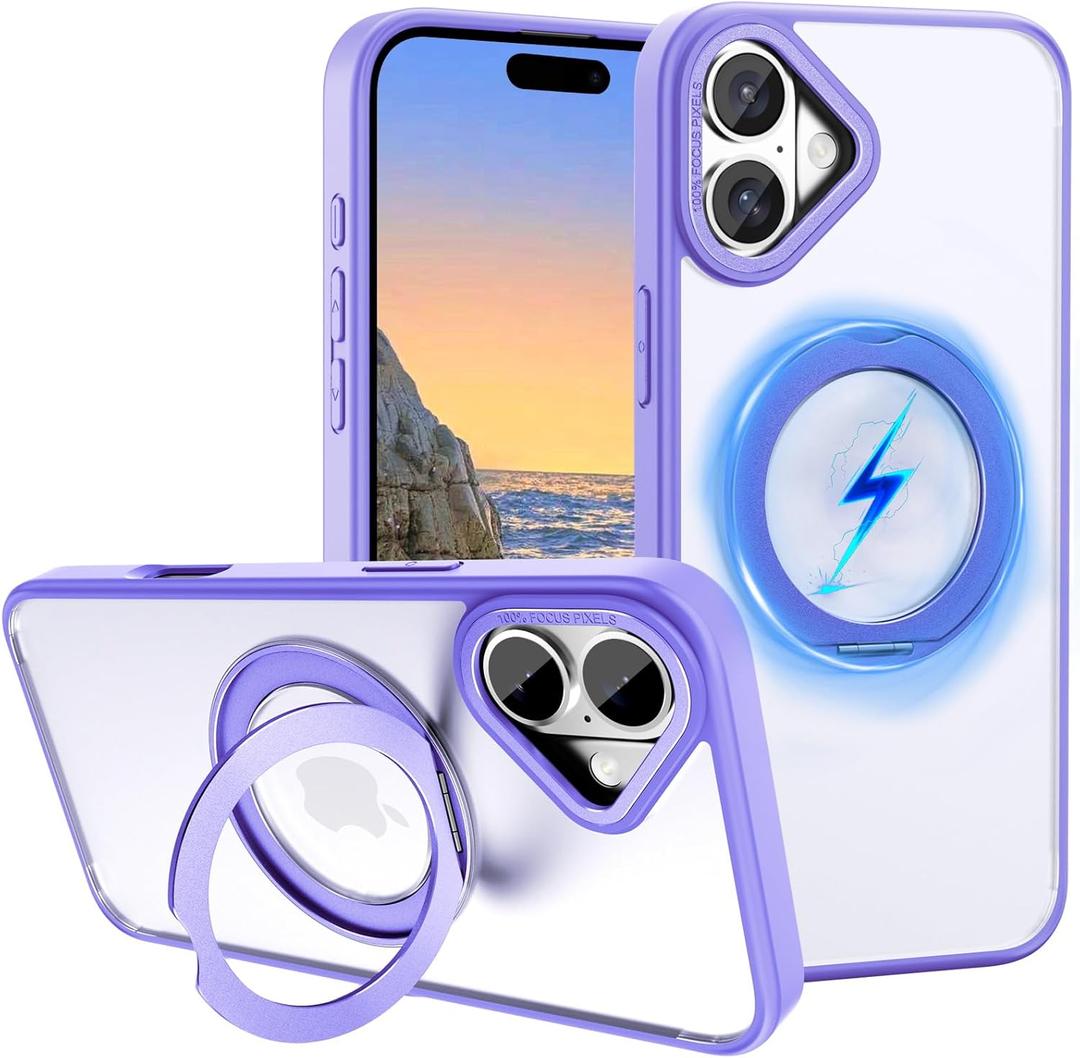 ZHK 360 Rotatable Ring for iPhone 16 Case Magnetic, [Military Grade Drop Proof] [Translucent Frosted Back Panel] Slim Non-Slip Matte Phone Case for iPhone 16 6.1'', Light Purple