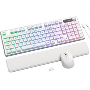 Wireless Keyboard and Mouse Combo - 9 Backlit Effects, Wrist Rest, Double-Shot Keycaps, Metal Panel, Long-Lasting Rechargeable, 2.4G Keyboard Mouse Set for Windows Mac PC Laptop Sablute (White)