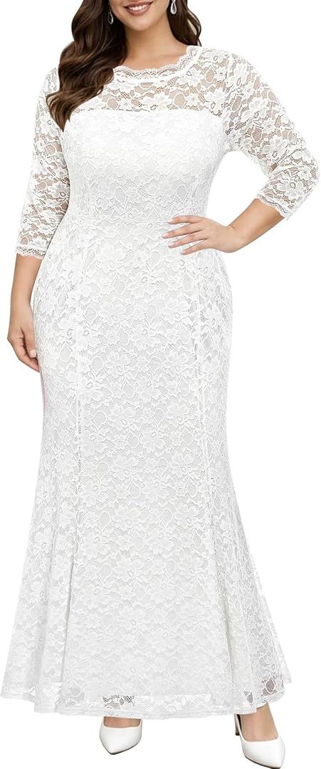 Plus Size Wedding Dress for Bride - Formal Evening Gown Party Lace Mermaid Dresses (White) Size W 14 Plus