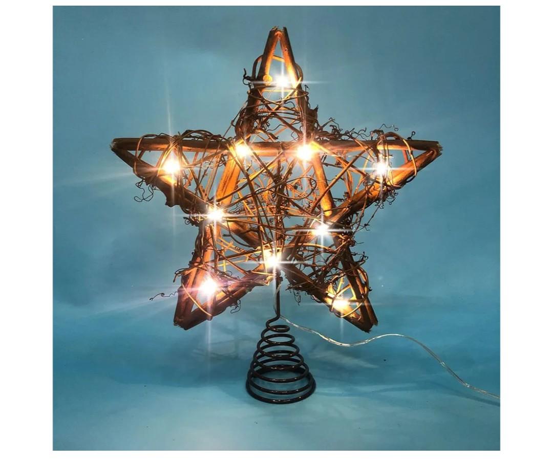 Christmas Tree Topper Farmhouse Christmas Decor Christmas Tree Decorations Rattan Natural Christmas Tree Star with 10 Warm LED Lights for Rustic Christmas Ornaments Holiday Seasonal Decoration 10 Inch