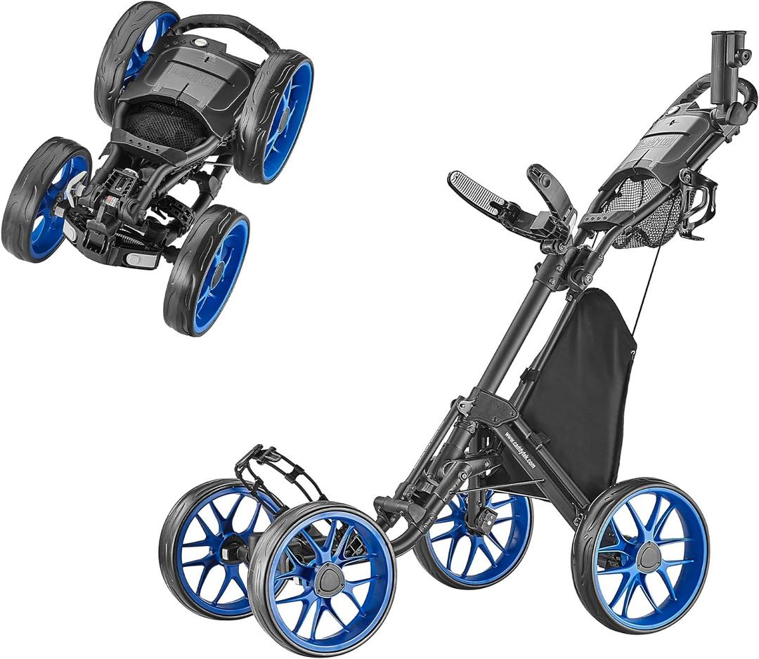 CaddyTek 4 Wheel Golf Push Cart - Caddycruiser One Version 8 1-Click Folding Trolley - Lightweight, Compact Pull Caddy Cart, Easy to Open (Blue)