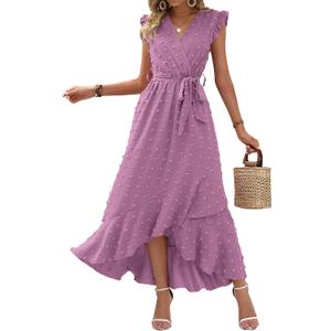 BTFBM Boho Dresses for Women 2026 Summer Fashion Cap Sleeve Swiss Dot Flowy Ruffle Beach Wedding Cocktail Maxi Dress (Small, Purple)