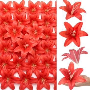 Suncalla 30 Pack Large Artificial Lilies Flower Heads with Realistic Stamens 5.9" Faux Fake Lily Flower Heads Bulk for DIY Crafts Cake Wedding Bridal Wreaths Table Home Party Decor (Red)