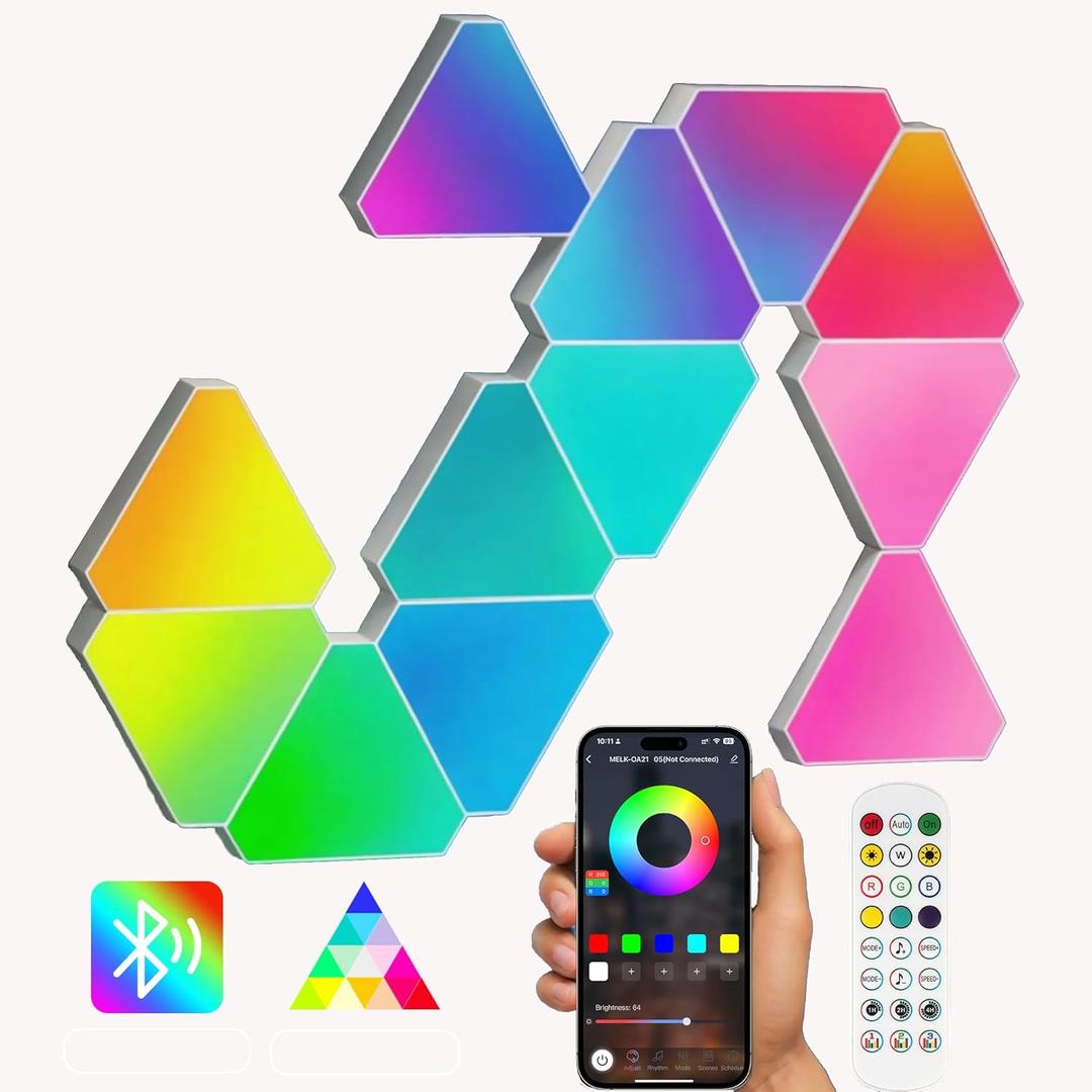 Smart Hexagon Light Panels, App-Controlled RGBIC LED Wall Lights with Music Sync for Gaming Room and Home Decor (12 Pack Triangle)