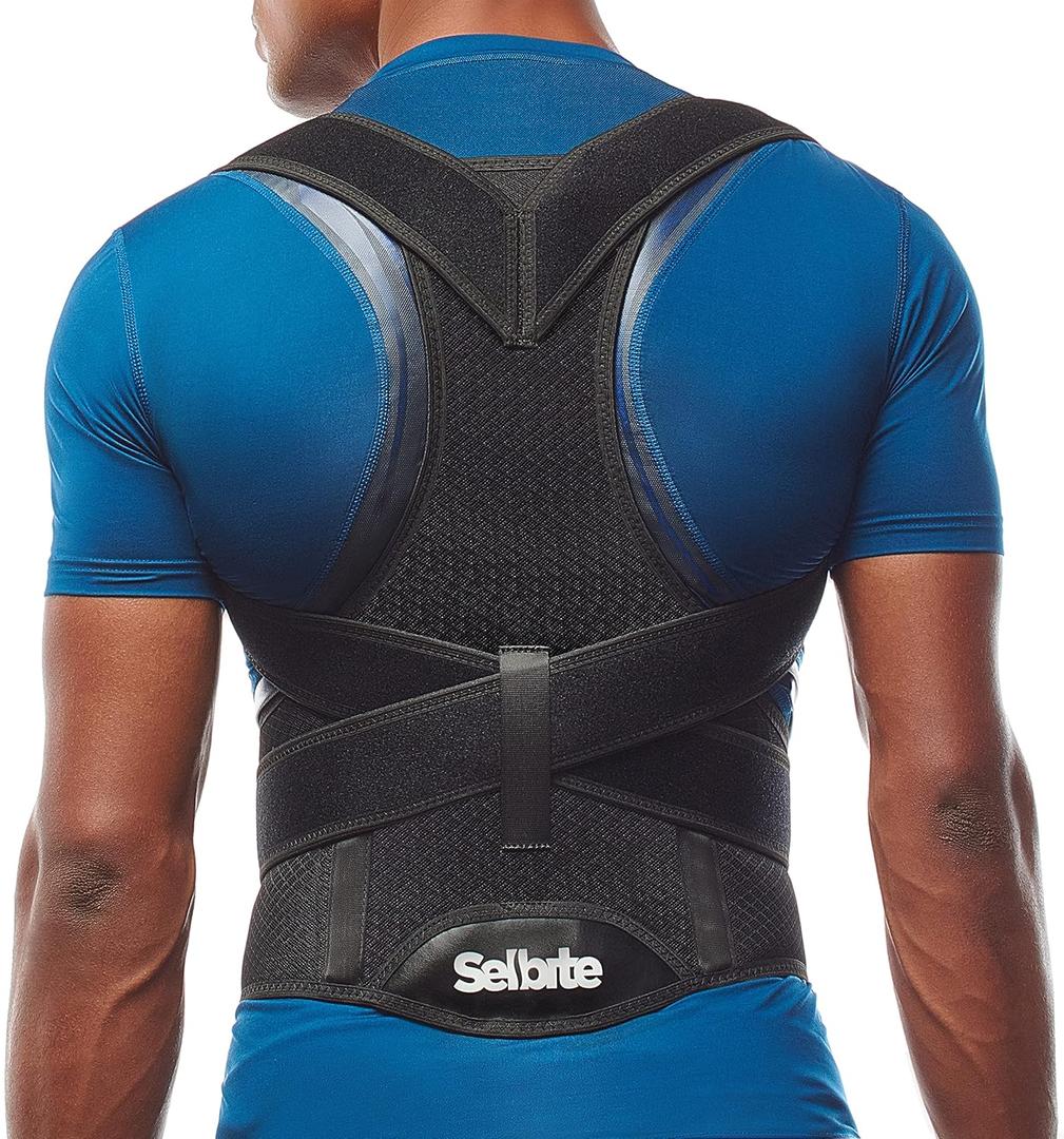 Selbite Posture Corrector for Men and Women - Back Brace for Upper and Lower Body Support - Adjustable Straightener with Pain Relief and Muscle Memory (Large) (Black)