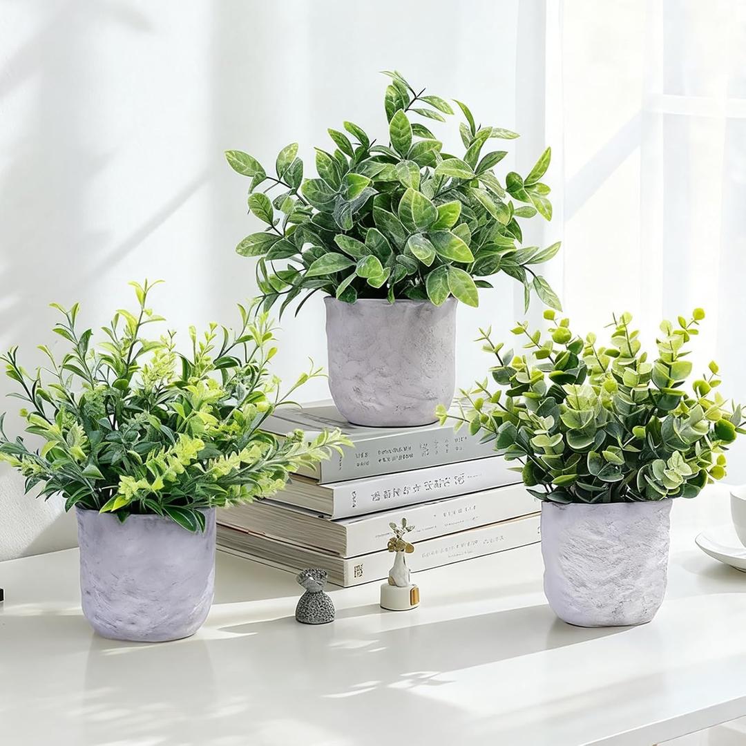 3-Pack Potted Artificial Plants, Small Eucalyptus Faux Plants for Shelf Desk Home Bathroom Farmhouse Room Coffee Table Decor (A Sage Green)