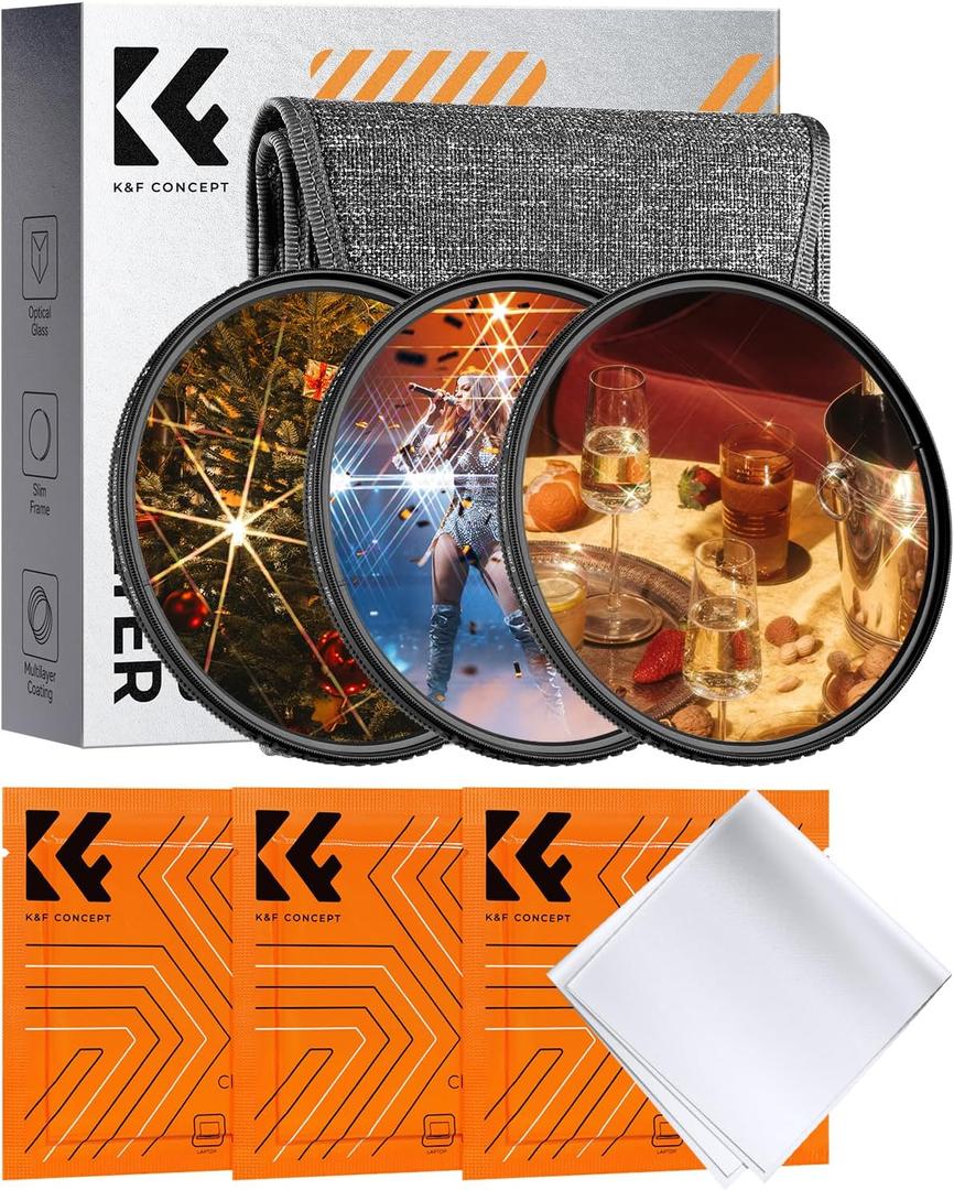 K&F CONCEPT 82mm Star Filters Kit (3pcs) 4 Points 6 Points 8 Points Cross Screen Starburst Filters Set -18 Layer Coating Ultra Slim Optical Glass Camera Lens Filter with 3 Cleaning Cloth