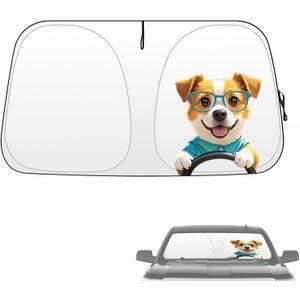 Windshield Sun Shade, Funny Puppy Foldable Car Front Window Covers, Sun Heat UV Rays Visor Protector Protection for Universal Cars, Trucks, and SUVs, Silver Coated on Both Sides M, 57 * 31in
