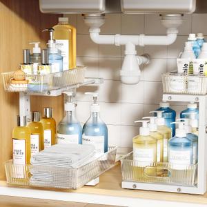 2 Pack Under Sink Organizer, 2-Tier Pull Out Cabinet Organizer, Elegant Acrylic Under Sink Storage Shelf for Kitchen Bathroom Cabinet, L-Shaped Adjustable Height for Maximum Space Efficiency-White