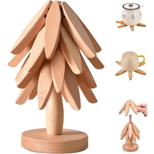 Premium Wooden Trivets Set of 4 - Auto Unfold Tree Design Hot Pot Holders & Countertop Protectors | Beech Wood