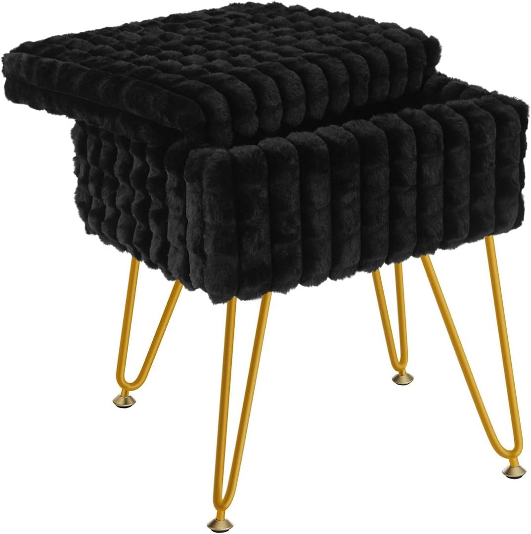 Vanity Stool Chair with Storage, Faux Fur Vanity StoolModern Soft Footrest Footstool Ottoman with Metal Legs, Multifunctional Anti-Slip Feet Fur Stool for Makeup Room, Bedroom,Black (Black)