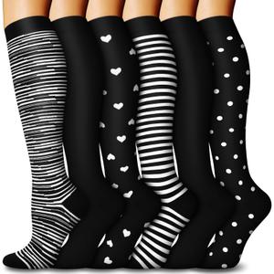 6 Pairs Compression Socks for Women & Men 15-20mmHg Graduated Support Knee High Socks for Nurses, Travel, Athletic (Small-Medium, 10 - Black)