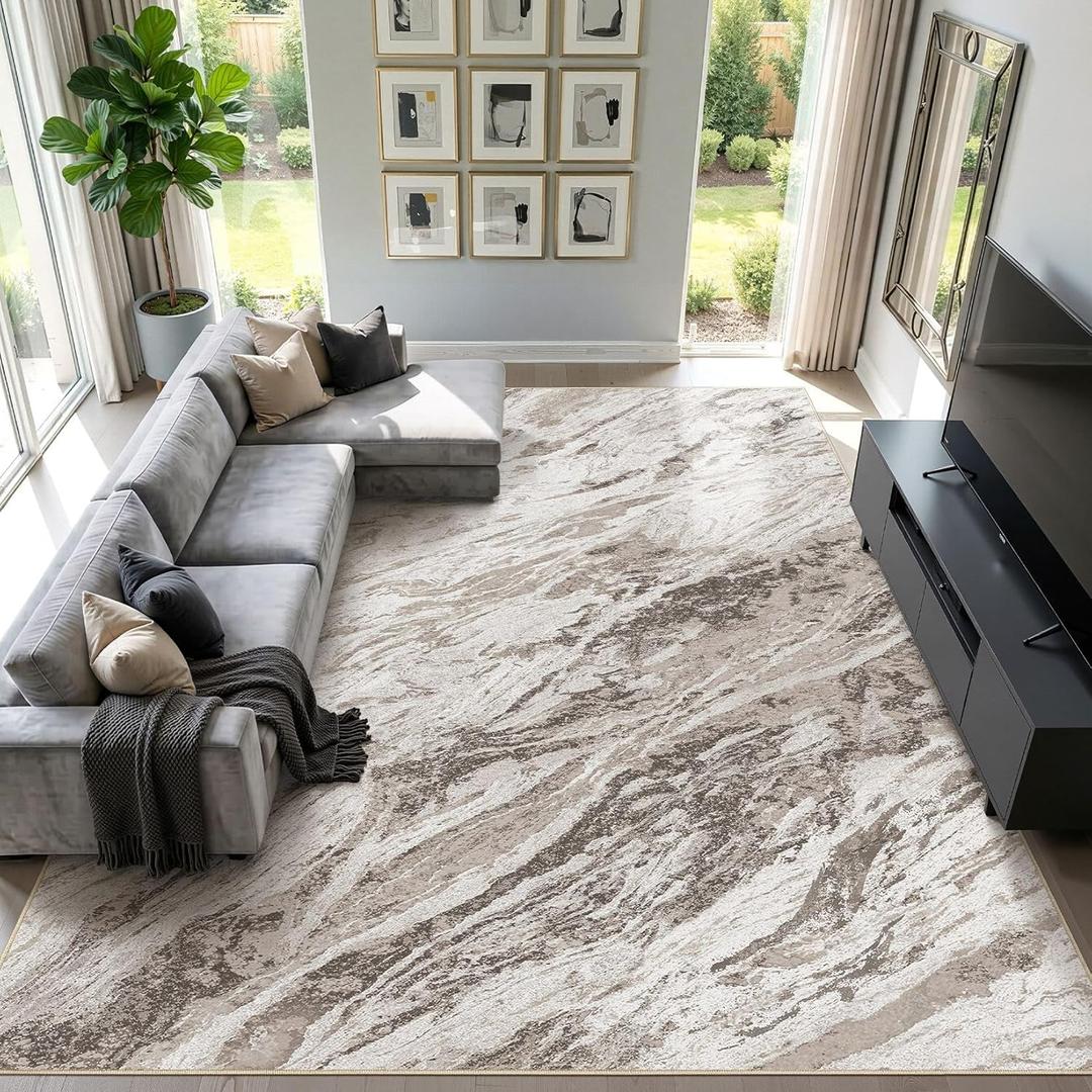 Area Rugs for Living Room: 9X12 Abstract Washable Rug Modern Neutral Large Soft Stain Resistant Non-Slip for Bedroom Dining Room Indoor Home Office Carpet - Brown