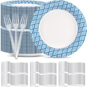 Charmount 300 Pcs Dessert Paper Plates Sets - Disposable Dinnerware Sets for 150 Guests, 150 Plates, 150 Clear Plastic Forks, Tableware for Party, Daily Use, Camping
