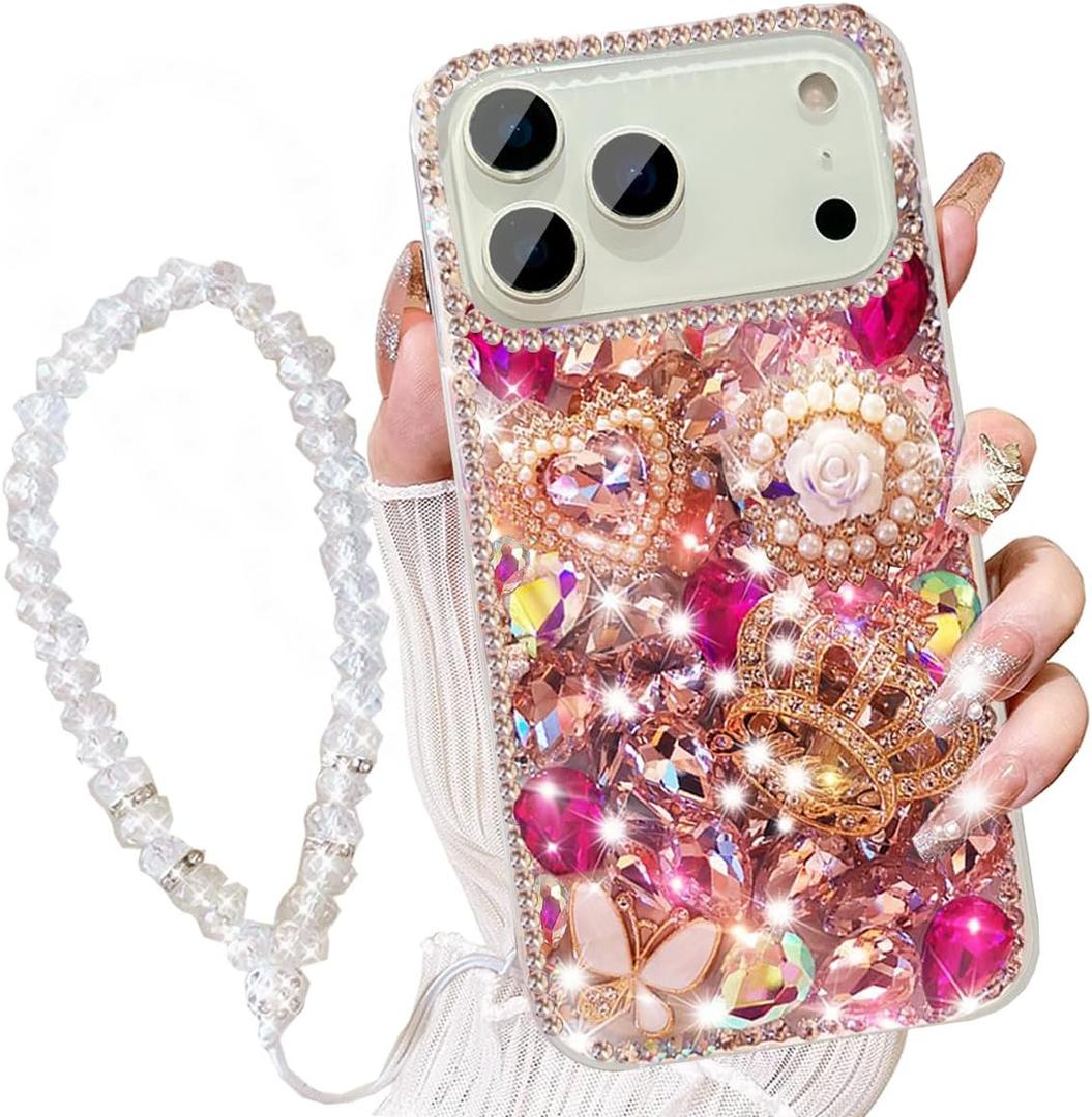 for iPhone 17 Pro Max Case with Wrist Strap Lanyard for Women Girls 3D Bling Shiny Rhinestone Diamond Crystal Pearl Handmade Glitter Cute Cover Phone Case 6.9'', Hot Pink