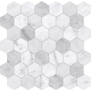 The Tiles Plaza 10-Sheet Peel and Stick Backsplash, Carrara White Hexagon Stone Composite Marble Looks Self Adhesive Wall Tile, Stick On Tiles for Kitchen Bathroom Shower, Cover 9 Sq Ft. (11.3" x 11.4")