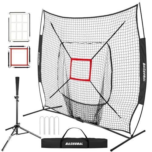 BaseGoal 7'×7' Baseball Softball Practice Net,Baseball Backstop,with Batting Tee,for Hitting Pitching Batting Catching with Bow Frame,Bonus Strike Zone