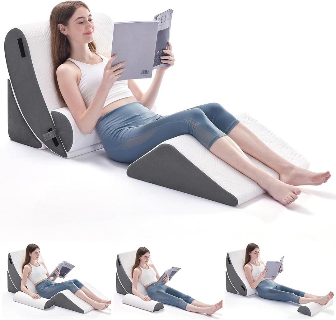 Wedge Pillow Set for After Surgery, 4 PCS Bed Wedge Pillow for Sleeping, Memory Foam Orthopedic Back Pillow for Pain Relief and Acid Reflux, Adjustable Post Surgery Pillow Grey