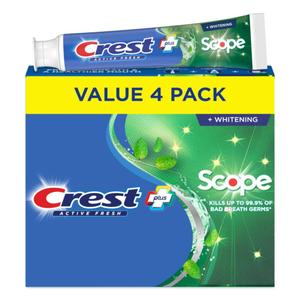 Crest + Scope, Active Fresh, Teeth Whitening Toothpaste for adults, 5.5oz 4 pack, Bad Breath Treatment, Breath Freshner, for Sensitive Teeth, Deep Stain remover, Travel Size Toiletries