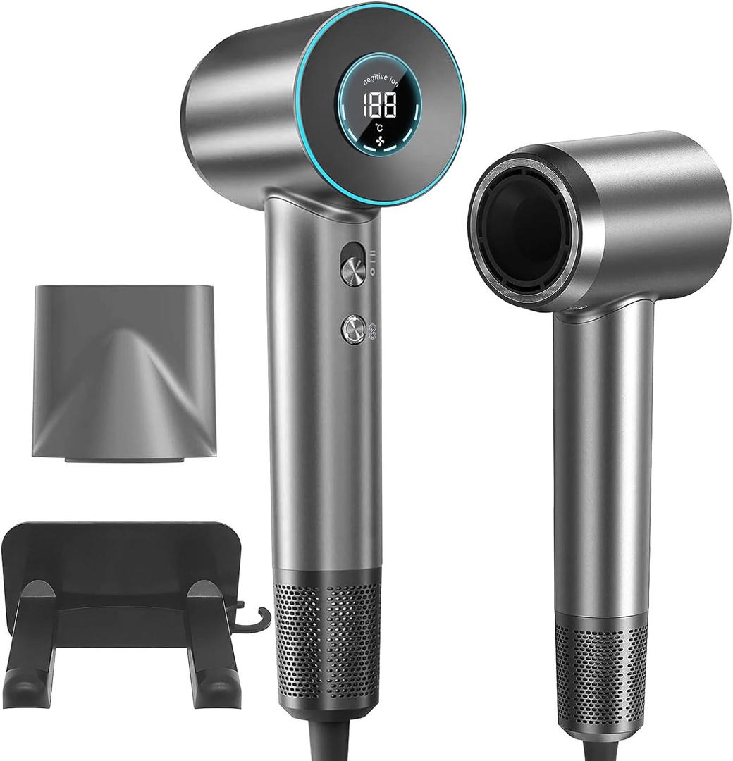 Hair Dryer, Negative Ionic Blow Dryer with 110,000 RPM Brushless Motor for Fast Drying, Professional High-Speed Hairdryer, Low Noise with LED Light Temp Display for Home, Travel, Salon (Dark Grey)