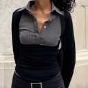 CORIRESHA Women's Fashion Contrast Stripe Shirt Collared Long Sleeve Button Slim Blouse (Black, S)