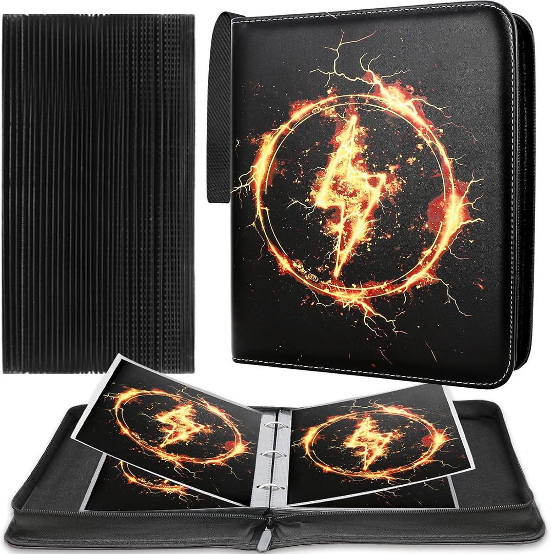 Jumbo Card Binder Compatible with Pokemon XL Jumbo Cards, 100 Pockets Zip Trading Card Binder, QUBAMG Oversized 5.7"7.9" Card Holders Storage, 3-Ring PU Collector Album Card Folder, Lightning Black