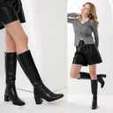 Women's Knee High Boots Block Metal Heel Square Toe Side Zipper Soft PU Leather Classic Fashion Dress Long Boots (Black)