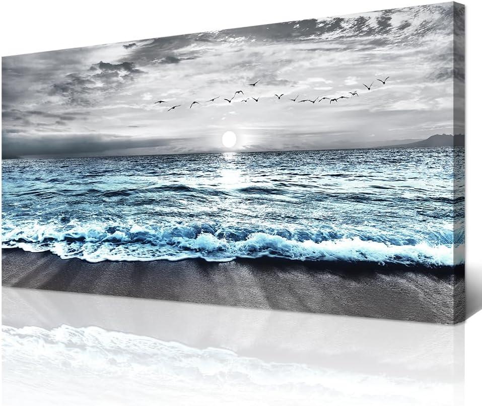 Wapluam Large Canvas Wall Art For Living Room & Bedroom Decor - Black & White Blue Sea Wave Pictures - Framed Beach Posters