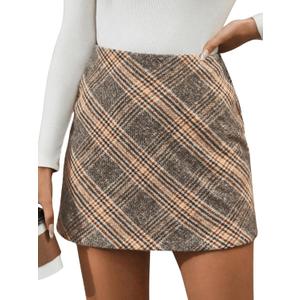 MakeMeChic Women's Plaid Mini Skirt High Waist Pencil Bodycon Short Fall Skirts (Large, Beige)