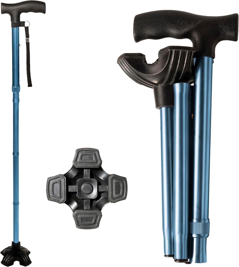Stander Wonder Cane, Foldable Walking-Cane for Stability, Collapsible Free-Standing Walking-Stick with Adjustable Handle, Lightweight Quad-Cane for Men, Women, Seniors and Elderly, Cobalt Blue