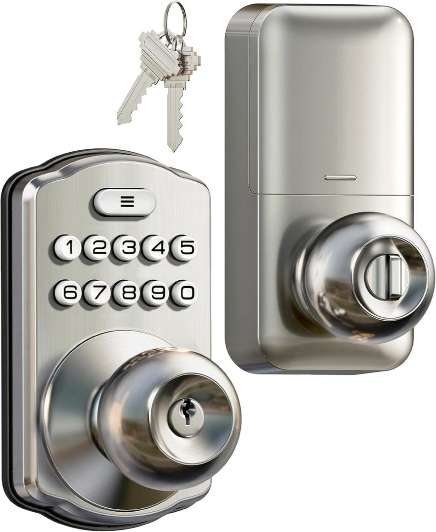 Veise Keypad Door Knob Lock, Keyless Entry Digital Lock with Handle, Electronic Knob for Front Door & Bedroom, Easy Installation, Auto-Locking, Passage Mode, Satin Nickel